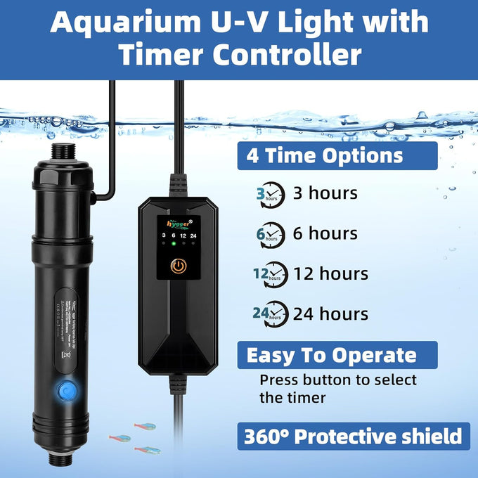 hygger 9w aquarium u-v light with timer, 360° protective shield clean light for crystal clear green water, 60–100 gallon freshwater & saltwater aquariums
