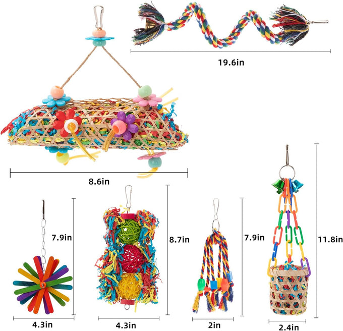 RLRICH 6 pack colorful parrot foraging shredder toys with comfy perch for parakeet and small medium parrots