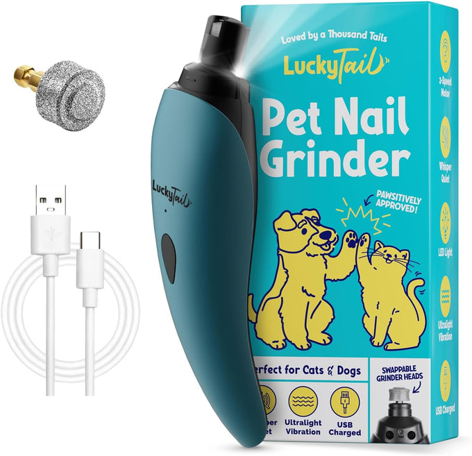 luckytail super quiet low vibration electric dog nail grinder with 2 led lights usb rechargeable 2 speeds small to large pets