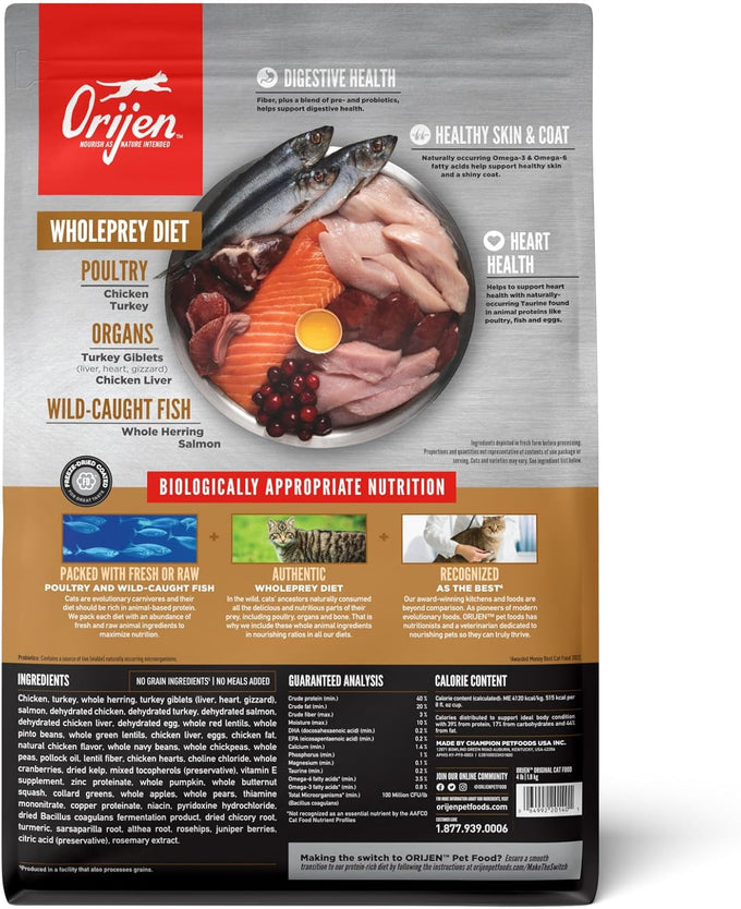 oriyen grain-free high-protein premium dry cat food original recipe 4lb bag for adult cats