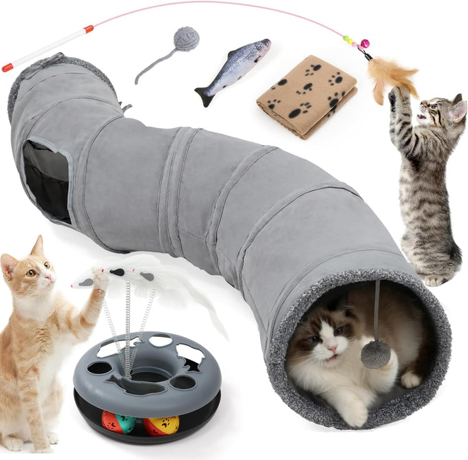 XiaPia 6-in-1 Collapsible Cat Tunnel with Interactive Roller Ball and Crinkle Hideout for Indoor Cats