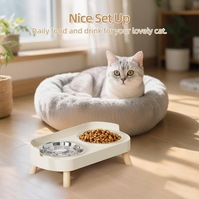 Elevated White Stainless Steel Cat Bowl Set for Indoor Cats with Whisker Fatigue Reduction and Dishwasher Safe -