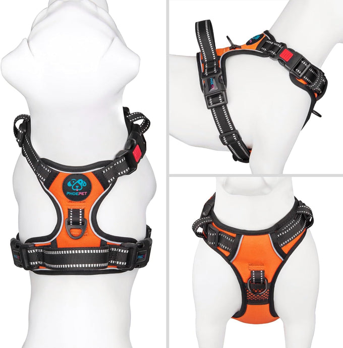 Phoepet medium size reflective dog harness with handle, easy to put on and take off, orange color