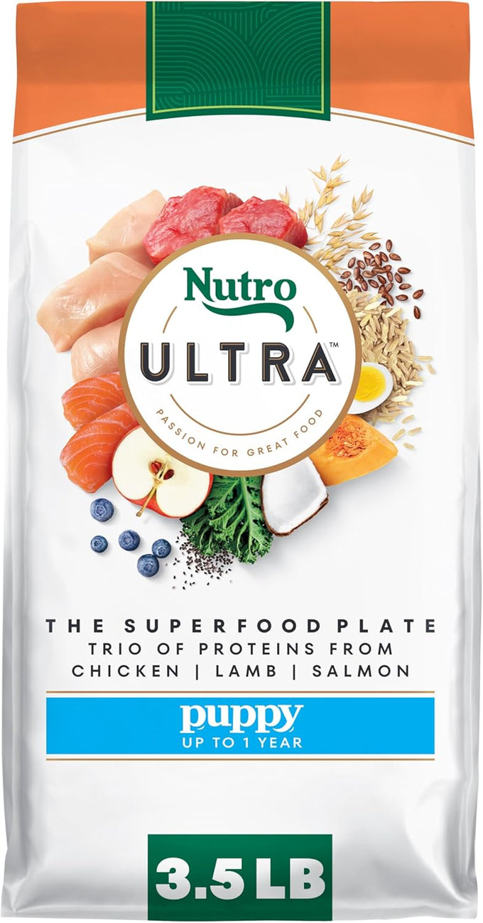 nutro ultra high protein dry puppy food, chicken, lamb, and salmon, 3.5 lb bag, non-gmo ingredients, no by-products
