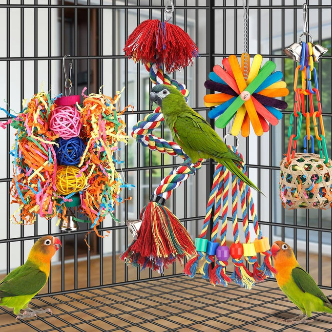 Colorful parrot toys set with bell, rope perch, and foraging toys for Conure, Cockatiel, Budgies, Lovebird