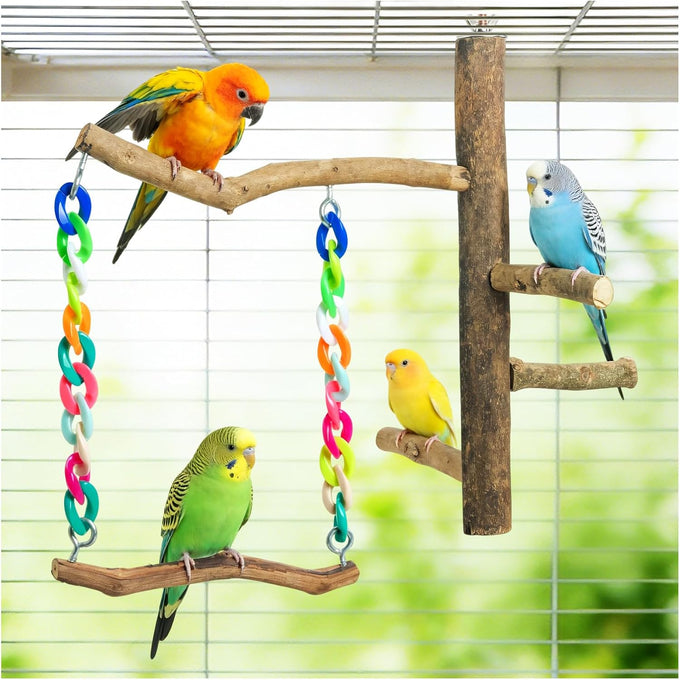 Bird Swing Toys with Perch Stand for Budgies, Parakeets, Cockatiels, and Small Birds - Bird-Safe Wood and Colored Chains