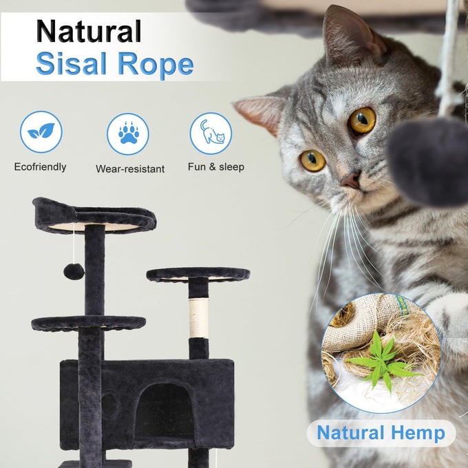FDW 54 Inch Dark Gray Cat Tree Tower with Sisal Scratching Posts and Condos for Kittens and Adult Cats