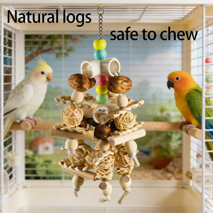 Natural Wooden Parrot Toy for Small to Medium Parrots with Safe Chewing Materials and Multi-Sensory Stimulation