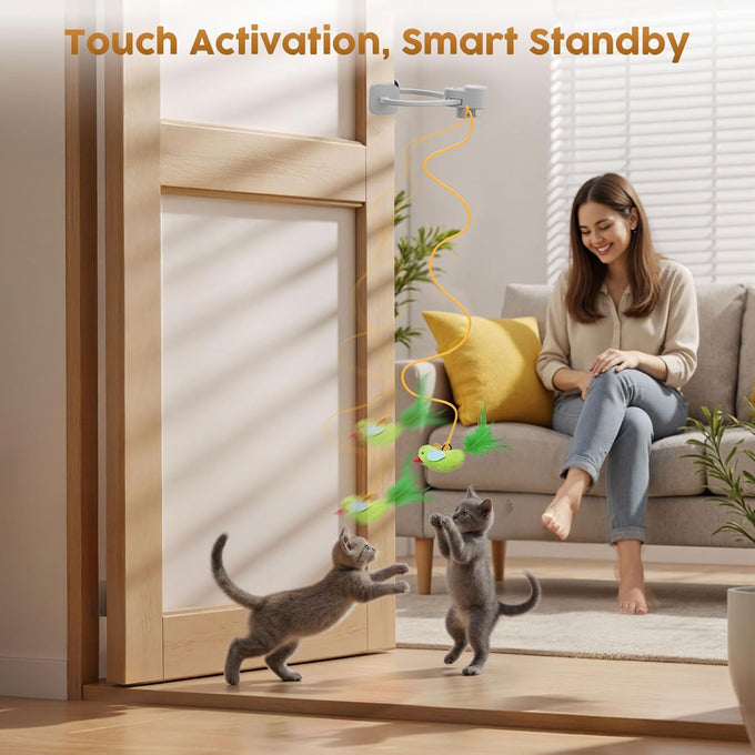 Interactive Cat Toy for Indoor Cats: Automatic Flying Bird Feather Wand USB Rechargeable Durable Safe Hanging Toy for Bored Kittens