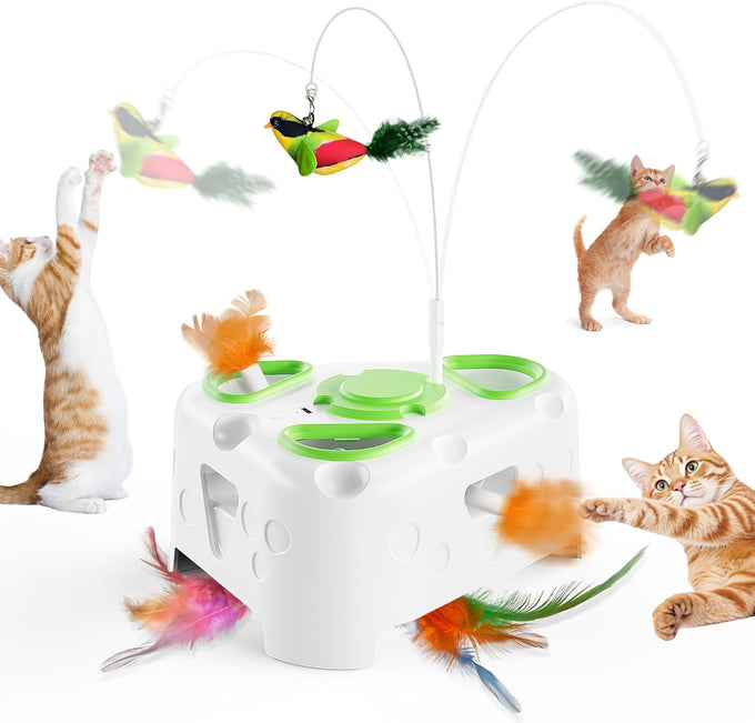 Cheese-Shaped Interactive Cat Toy with USB Rechargeable Electronic Feather Toy for Indoor Cats and Kittens 6-Hole Mole & Rotating Feather