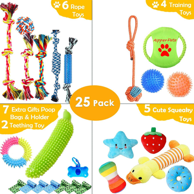 aipper dog toys 25 pack for fun and teeth cleaning, puppy chew toys with squeak plush toys, squeaky toy balls, and tug of war ropes for small dogs