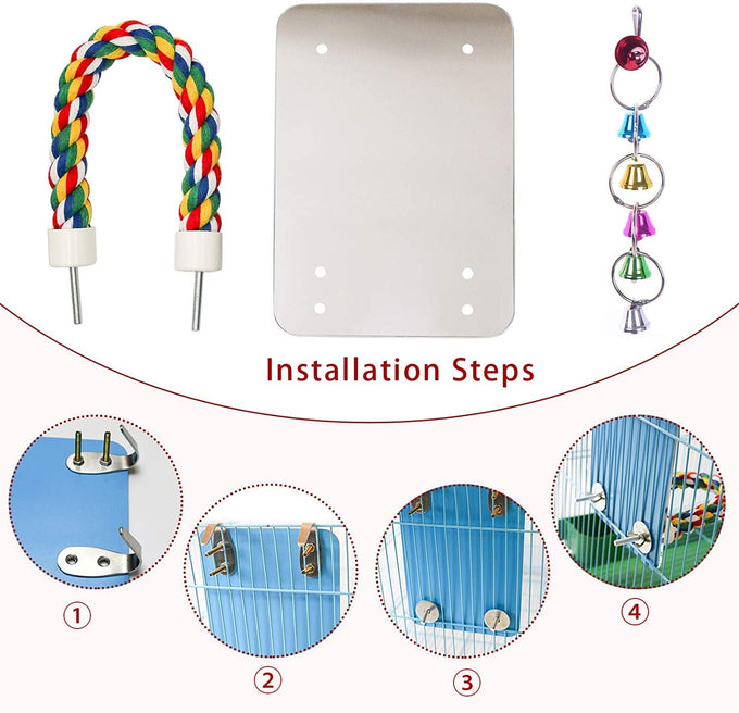 7 inch acrylic bird mirror with rope perch for grey parrots, amazons, parakeets and cockatiels