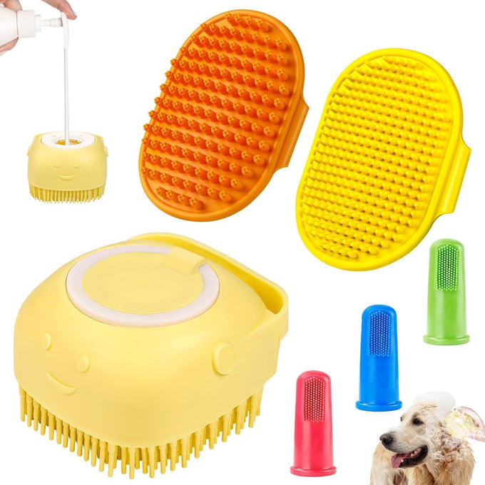 comotech 6pcs dog bath brush and toothbrush set | adjustable handle for short and long haired dogs and cats | blue