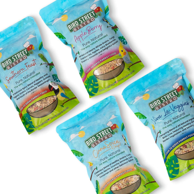 Bird Street Bistro Parrot Food - Parakeet & Cockatiel Food - 4 Natural Flavors, 3-15 Min Cooking Time, Wholesome Grains & Non-Gmo Fruits