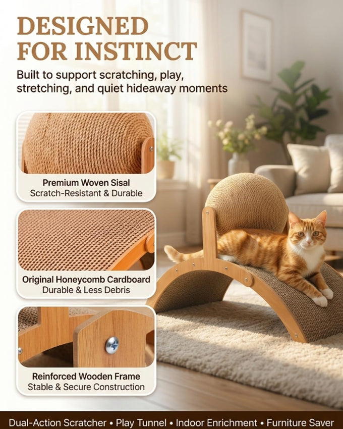 wood cat arch scratching ball on stand with arched bridge and rotating sisal balls for big cats indoor use