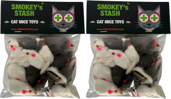 Smokey's Stash White and Gray Fuzzy Rabbit Fur Mouse Cat Toys for Cats 12 Pack Rattle Realistic Fake Mice