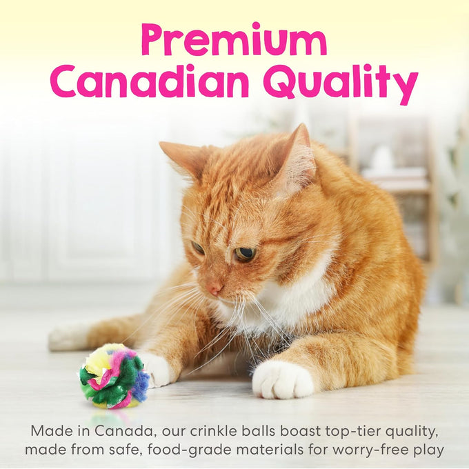 Soft Crinkle Cat Toy Balls 4 Pack - Fuzzy Pom Balls for Indoor Cats & Kittens Made in Canada