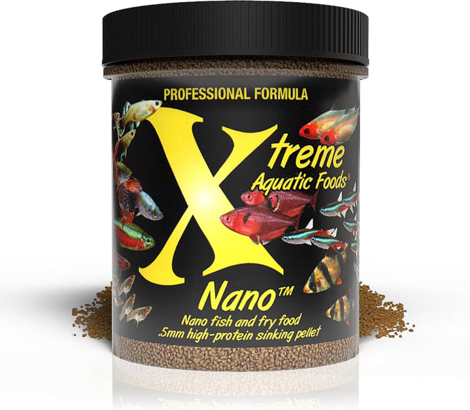 Xtreme Nano 0.5mm sinking pellets for community fish like tetras, barbs, and guppies, high-protein krill-based formula with vitamins and minerals, made in the usa