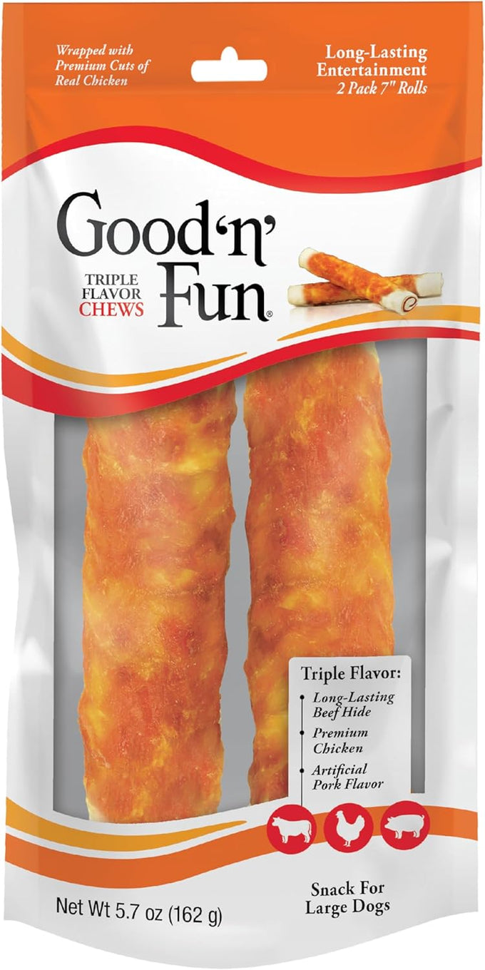 Good 'n' Fun Triple Flavor Chews for Large Dogs - Long-Lasting, Natural Beef Hide and Chicken, 2 Count