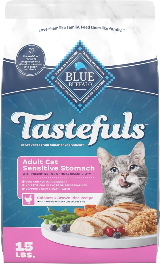 Blue Buffalo natural adult cat food with chicken and brown rice, 15-pound bag, sensitive stomach recipe