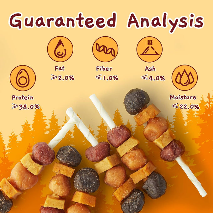 jungle calling multi-flavor kabob dog snacks, made with chicken, duck, beef, sweet potatoes, and pumpkin