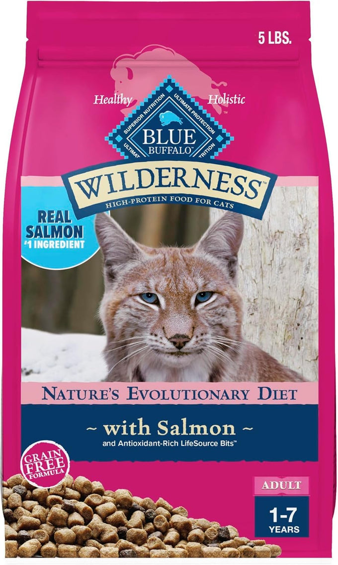 Blue Buffalo Wilderness Salmon Grain-Free Adult Dry Cat Food, 5-lb High-Protein Bag, Natural Ingredients