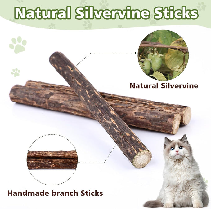 Wouseodo Natural Silvervine Sticks Cat Toy 6 Pack, Dental Care Teeth Cleaning,Matatabi Cat Nip Treat for Indoor Cats& Kittens