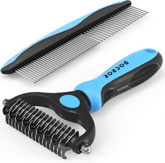 Docrok pet grooming combo with metal comb for detangling and dematting long fur on dogs and cats, blue