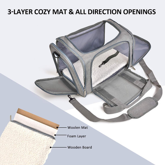 Henkelion grey cat carrier for small to medium pets up to 15lbs, TSA airline approved, soft sided, collapsible, waterproof