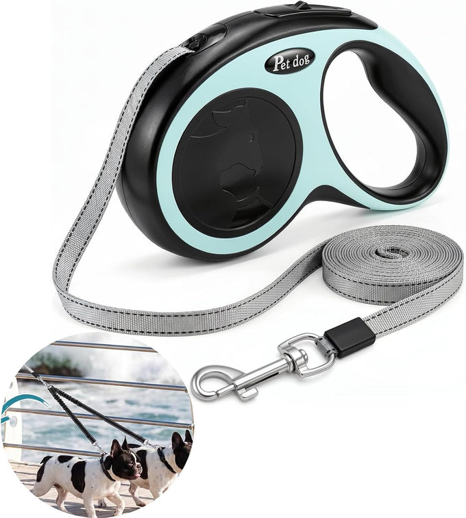 Retractable dog leash for 2 dogs with 360° swivel hook, one-button lock and ergonomic handle