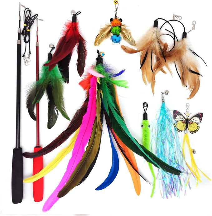miwoowim 2PCS ultra-long teaser cat toys with 9PCS da bird feather refills, fishing pole toy and feather attachment replacement
