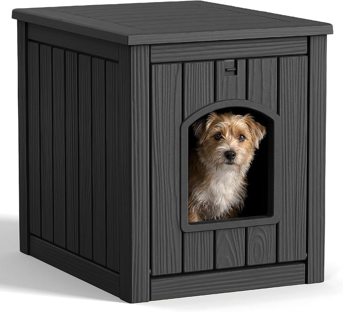 DRATO resin material dog house, multi-functional pet house for small to medium dog, black, medium size