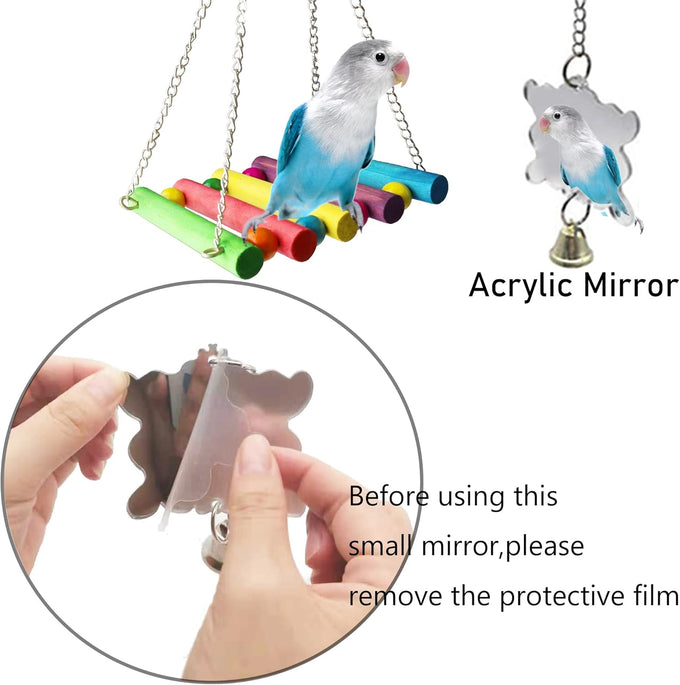 8 Pcs Parakeet Cockatiel Bird Toys Accessories Swing Wooden Perch Chewing Toy Set for Budgerigars Conures Love Birds Finches Budgies