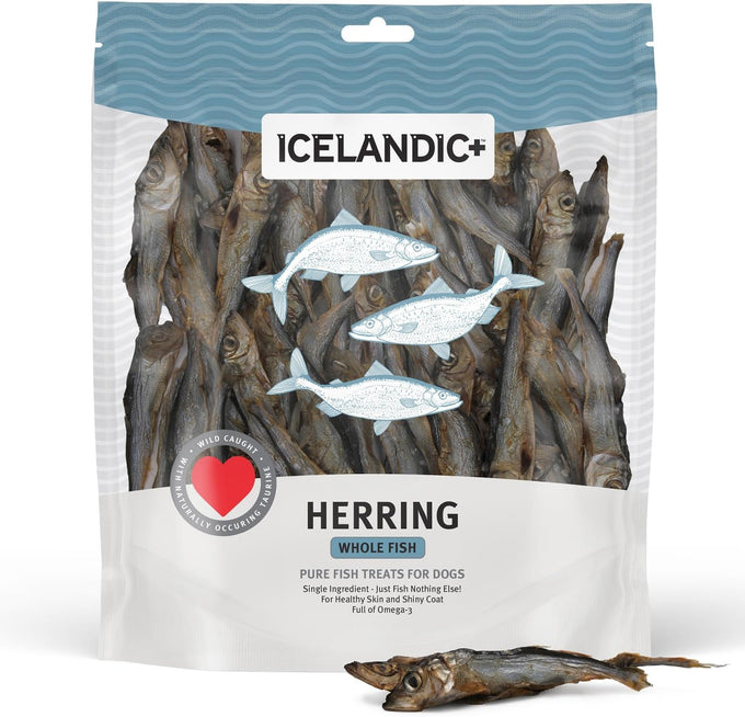 Icelandic+ Whole Fish Herring Dog Treats: 3oz Bag, Pure Wild-Caught, Air-Dried. Single Ingredient Snack, Rich in Protein & Omega-3s for Healthy Skin & Coat.