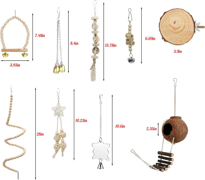 Natural wood 9-piece birdcage toy set with coconut hideaway, ladder, bird perch stand, and rope bungee toys for parrots and cockatiels