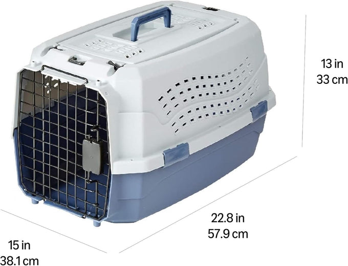 Amazon Basics sturdy gray and blue pet travel carrier for dogs and cats, 22.8"L x 15"W x 13"H