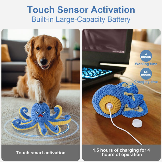 Blue Interactive Octopus Dog Toy, USB Rechargeable, Automatic Jumping, Not for Aggressive Chewers