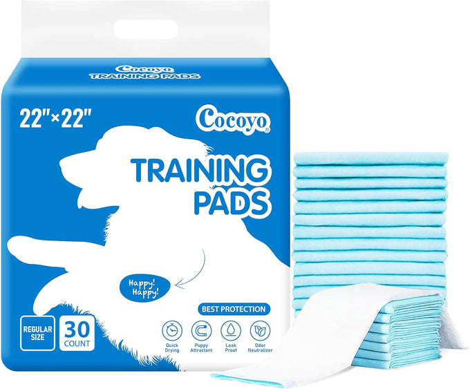 COCYO 30-count dog training pads with super absorbent technology for puppy potty training, leak-proof protection, and odor control