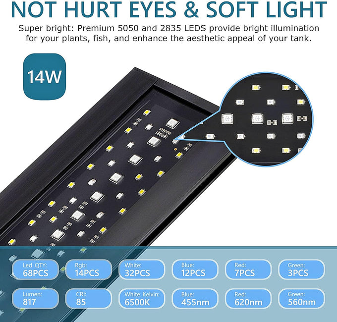 hygger 14w clip on aquarium LED light with 7 colors and adjustable timer for planted tank 12~20in