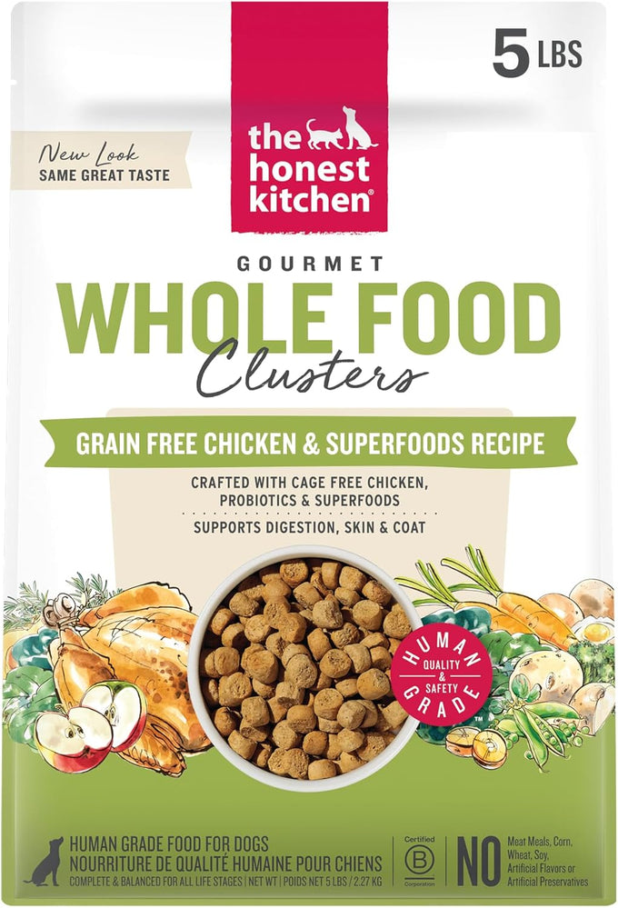 The Honest Kitchen Whole Food Clusters Grain Free Chicken Dry Dog Food, 5 lb Bag, Complete Meal for Puppies and Adult Dogs