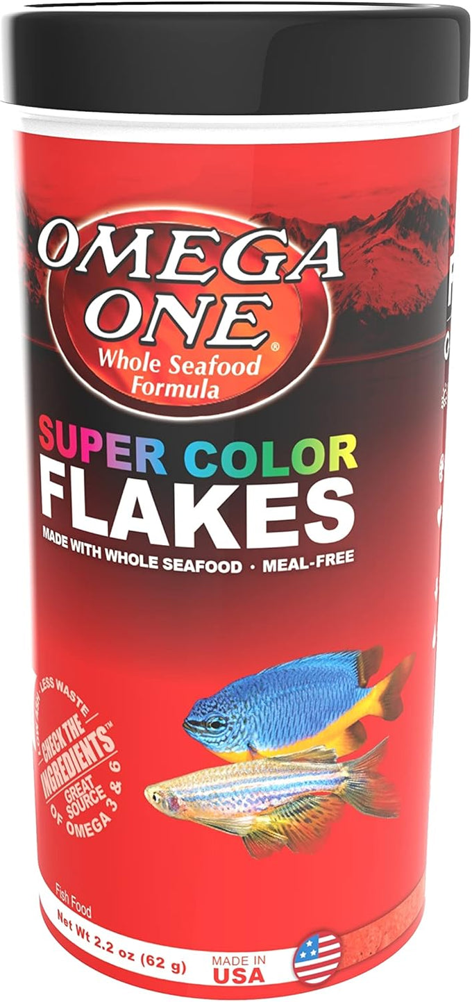 Omega One Super Color Flakes 2.2 oz aquarium fish food with beta carotene and omega 3 6 HUFA
