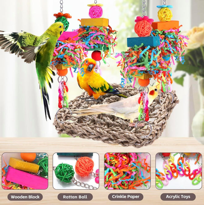 Parakeet bird toys, birdcage stands, and wall seagrass hammocks for lovebirds, cockatiel, budgie, and other small to medium-sized birds