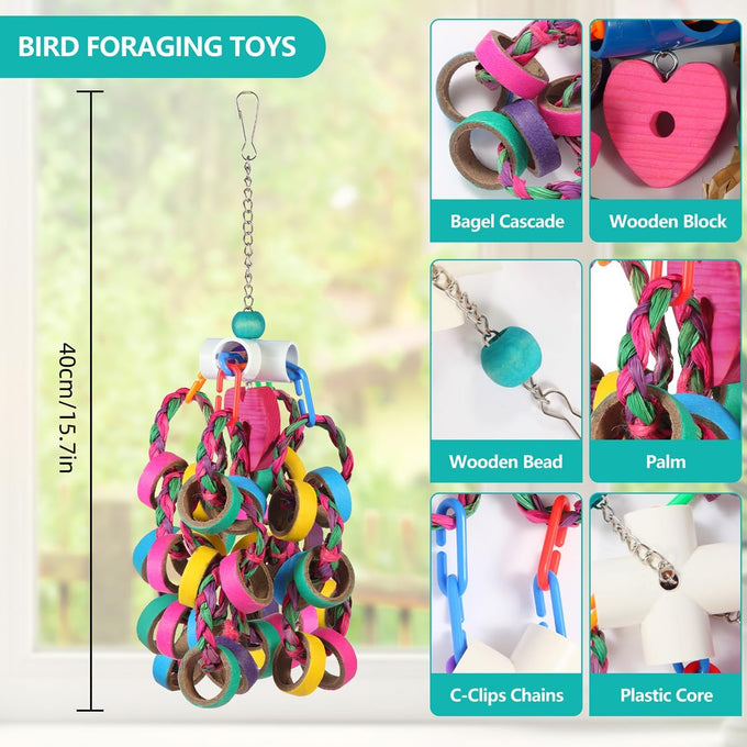 LovyCoCo 24-piece colorful bird toys for parrots, parakeets, conures, and cockatiels with natural bagel rings