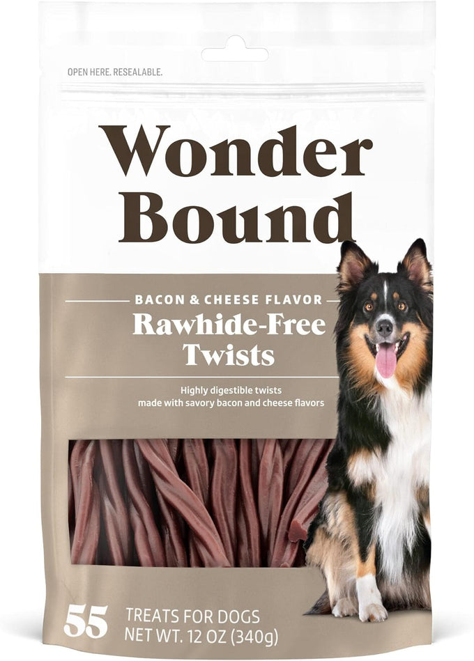 Wonder Bound Bacon & Cheese Flavor Dog Twist Sticks - 55 Count - Rawhide-Free, Dental Health, Easy to Digest, Long-Lasting