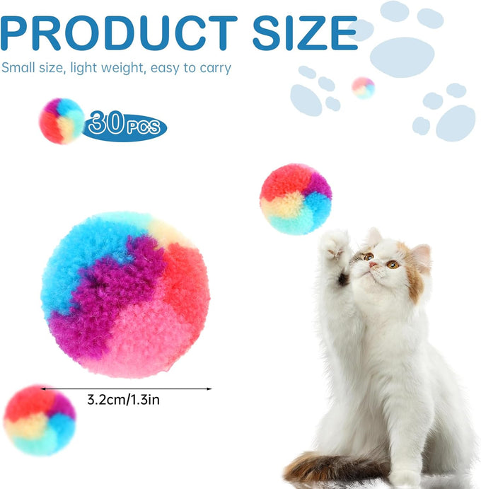 Kalione 30-pcs 1.2-inch Soft Plush Rainbow Cat Toy Balls, Fuzzy Kitty Balls for Cat Kitten Pet Playing Exercising