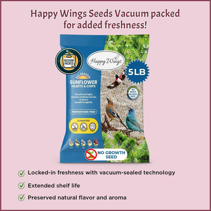 Happy Wings Sunflower Hearts & Chips attract Cardinals and other colorful finches 5 Lb No Mess, No Waste I No Grow Seed