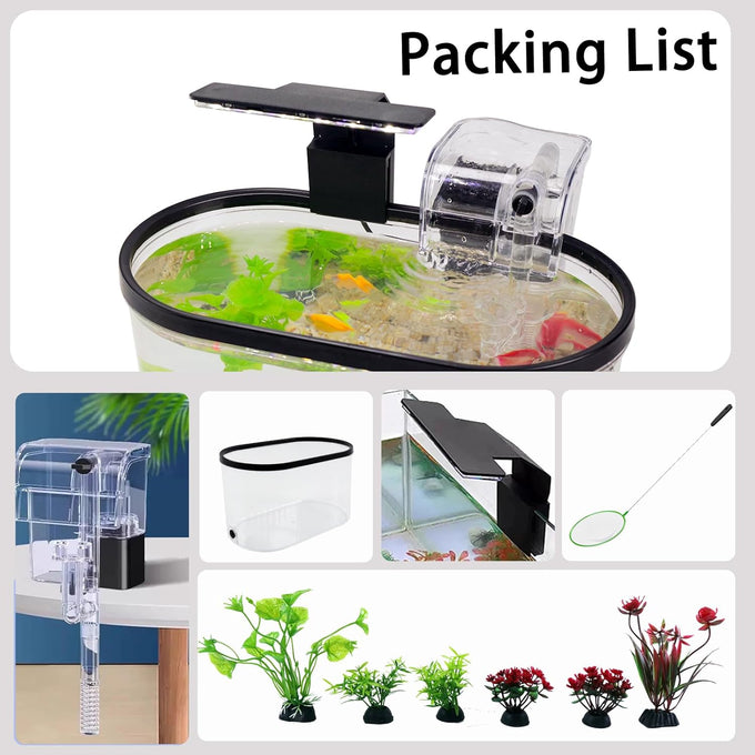 1.7 gallon acrylic aquarium starter kit with LED light and quiet filter, desktop betta fish tank for office or home