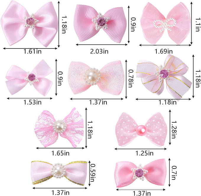 pink dog hair bows set with rubber bands, 10 pairs, 20 pieces, handmade mix style for small, medium, large dogs