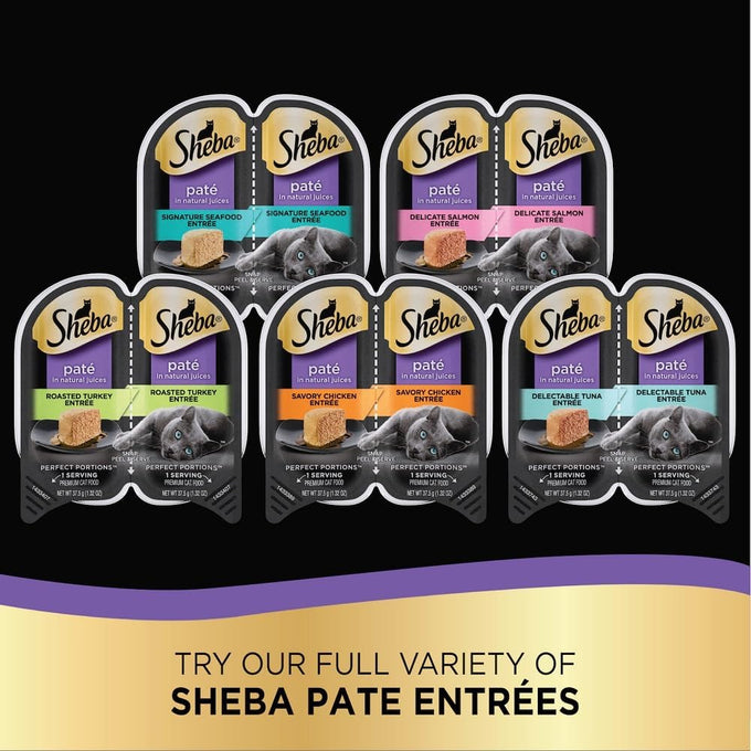 sheba perfect portions wet cat food pate with salmon, seafood, and fish variety pack, 2.6 oz twin pack trays (24 count, 48 servings)