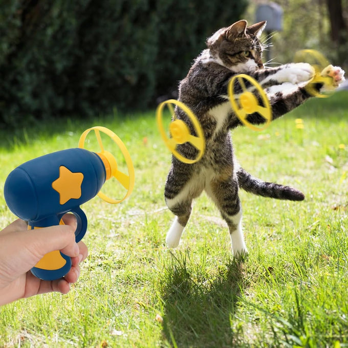 Andiker Cat Fetch Toy, blue, interactive kitten flying disc launcher with 5 colorful propellers for training and chasing